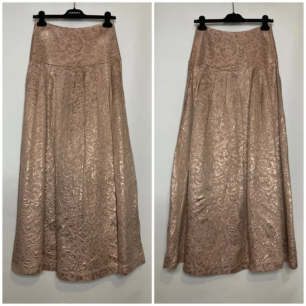 Bebe Jacquard Lamé Metallic Rose Gold Pleated Brocade Maxi Skirt Small
